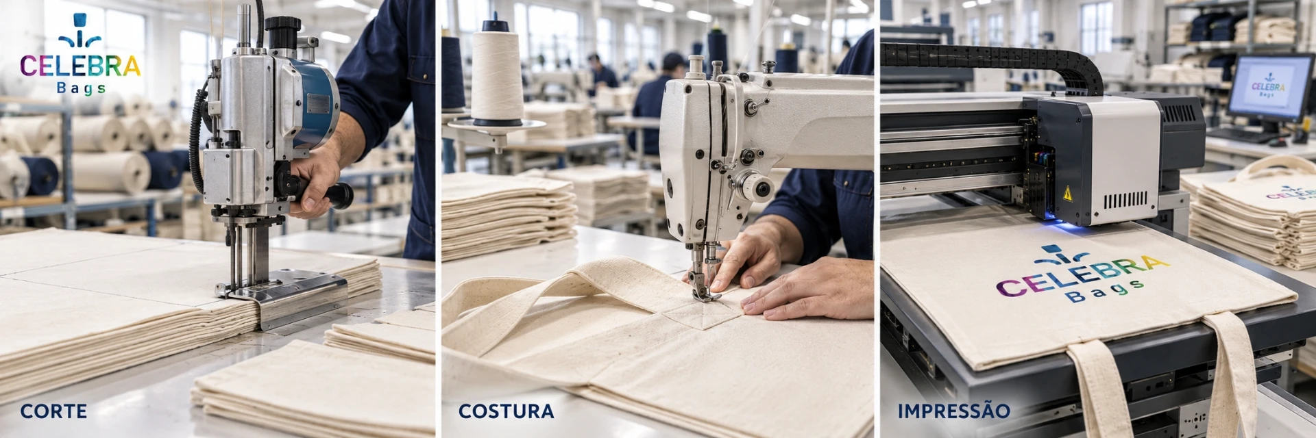 Produção Celebra Bags: corte, costura e impressão das ecobags personalizadas